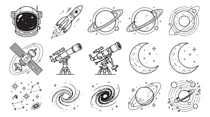 Space exploration line art icons, 15 astronomy vector elements with astronaut helmet and rocket, celestial planets and telescope collection © Graphics