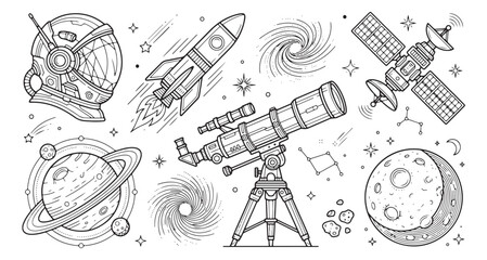 Space exploration line art collection, hand drawn astronomy vector set with telescope and rocket, celestial galaxy icons for education and science © Graphics