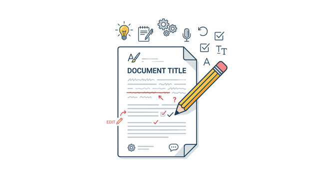 Document editing and proofreading concept with pencil and icons