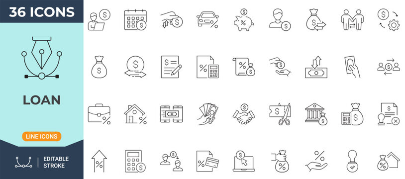 Loan icon set. Modern icon in outline style. Collection of loan, banking, credit, money, and financial agreement symbols. Editable stroke. Vector icon collection.