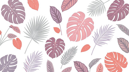 Fototapeta premium Elegant Pastel Pink Purple and Coral Tropical Monstera Palm Leaves Seamless Pattern Botanical Nature Background Design Illustration