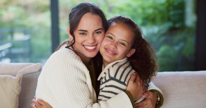 Kiss, sofa and face of mom and child in home for loving relationship, bonding and affection. Family, happy and portrait of mother and girl with gesture for connection, trust or embrace for motherhood