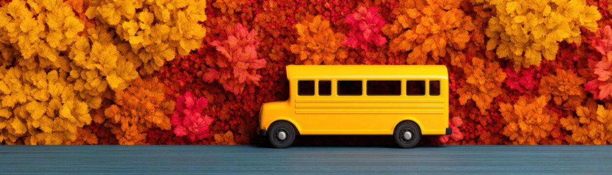 Back to school yellow school bus on road with autumn leaf background, colorful fall foliage wall and copy space for education concept