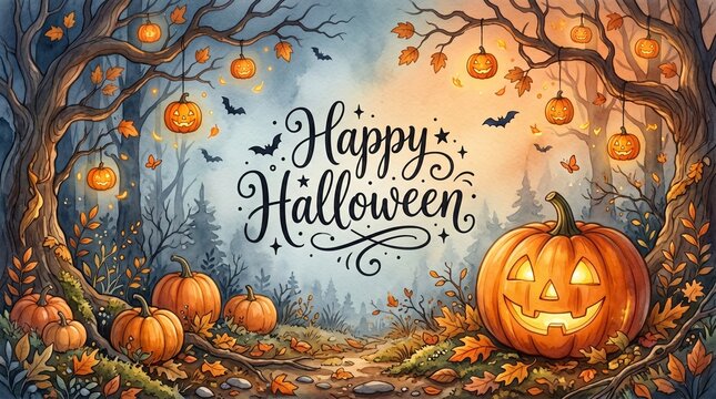 Halloween illustration poster with text happy halloween