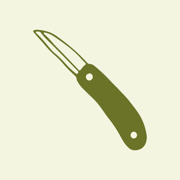 Hand drawn grafting knife or folding pruning blade. Specialized tool for plant propagation and clean cuts. Minimalist line art vector illustration in green olive color