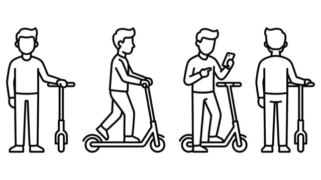 Man riding electric scooter vector character set with front side and back view positions.