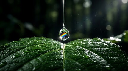 Fototapeta premium Rainbow light reflected in a water drop falling on a green leaf
