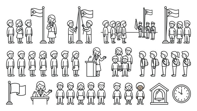 Set of outline black and white icons representing school activities and students.