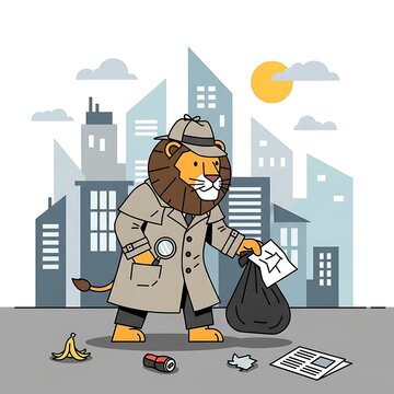 Cartoon lion detective with magnifying glass and trash bag in city. Sunshine, buildings, and discarded items around him