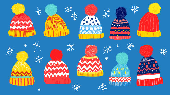 Collection of colorful winter knit hats with pom-poms on blue background