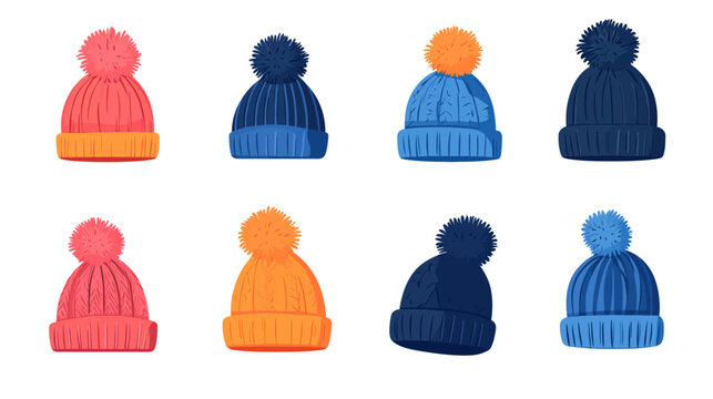 Eight colorful knitted beanies with pom-poms in various colors