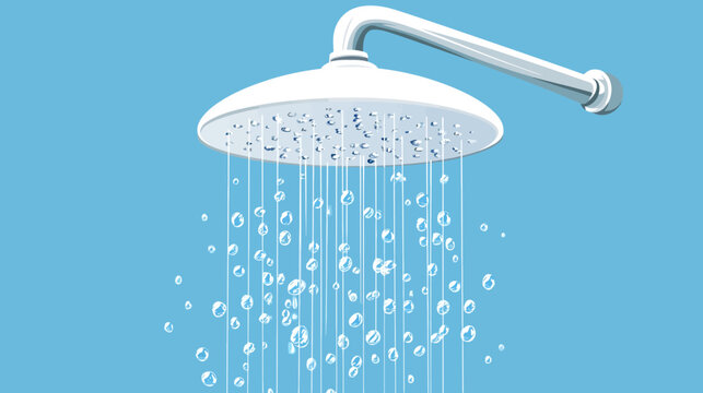 Modern round shower head with water droplets against blue background