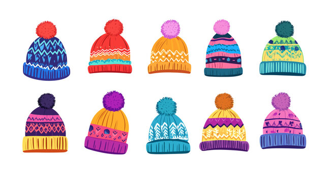 Collection of colorful knitted winter hats with pom-poms, varied patterns