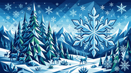 Abstract Geometric Winter Landscape with Low Poly Deer, Pine Forest, and Large Snowflake  Modern Vector Background for Holiday Season © upin
