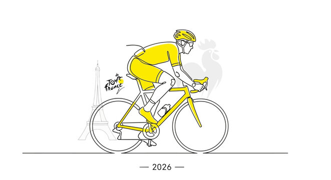 Cyclist in Yellow Jersey, Tour de France Style, Eiffel Tower Silhouette, Rooster Emblem, 2026