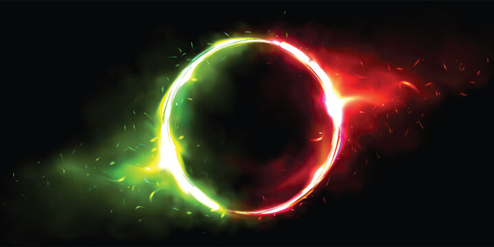 Abstract dark background featuring a glowing neon light ring with vibrant green and red flames. Futuristic burning circle frame with smoke and sparks