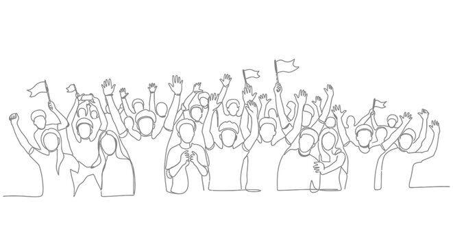 Crowd Cheering with Flags - Continuous Line Art