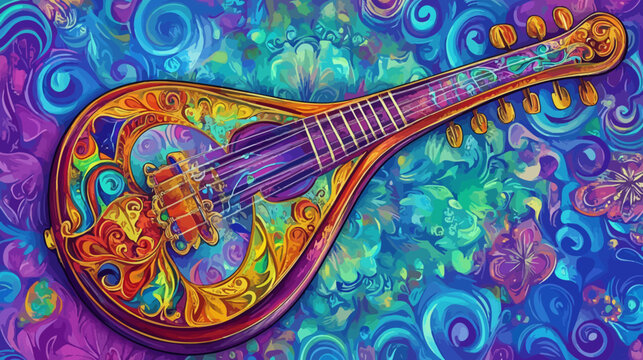 Vibrant, decorative stringed instrument with intricate patterns and colorful background