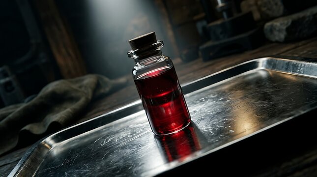 Glass vial with red elixir on a metallic tray in a dark room
