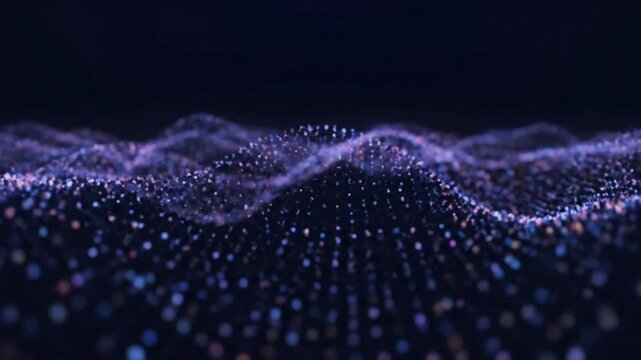 Abstract glowing particles in undulating waves, dark background, futuristic digital motion background