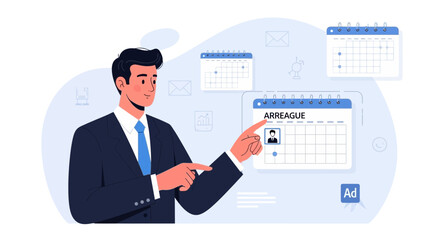 Fototapeta premium Businessman pointing at calendar with appointment and ad icon