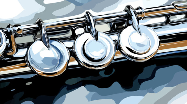 Artistic stylized image of a flute's mouthpiece with three circular openings and metallic rings, set against a cloudy background