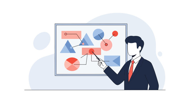 Businessman pointing at presentation board with data charts and graphs, business strategy