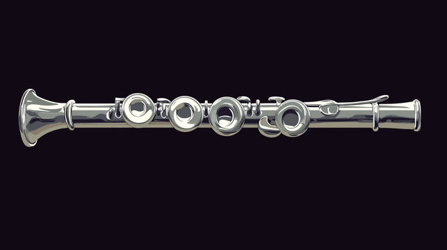 Silver flute with detailed keys and mouthpiece on dark background