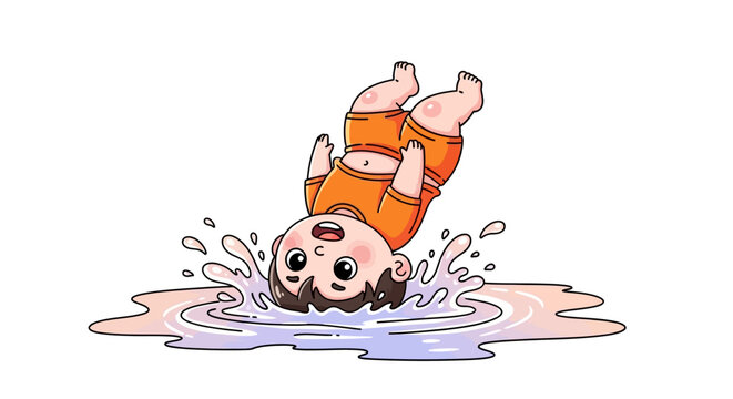 Playful cartoon character splashing in a puddle joyfully.