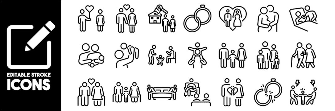 Modern family relationships icon set. Thin line vector illustration icons with editable stroke. Love, marriage, parenting, childhood, elderly care, emotional connection, conflict, and family support