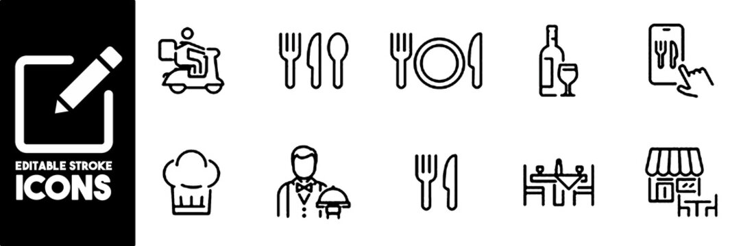Catering restaurant service, cutlery and food delivery icons set. Food, plate, fork, knife, spoon, mobile app thin line vector illustration