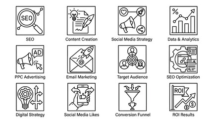 Fototapeta premium Essential line art icons illustrating a wide range of digital marketing strategies and business optimization concepts for modern online presence and growth.