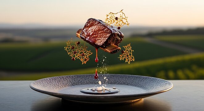 Levitating gourmet beef short rib with dripping sauce and tuile tuile garnish over a plate, outdoor vineyard background, fine dining concept