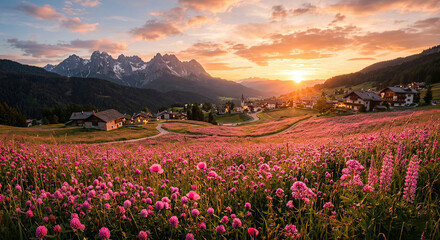 Obraz premium Sunset Alpine Pasture With Blooming Pink Wildflowers