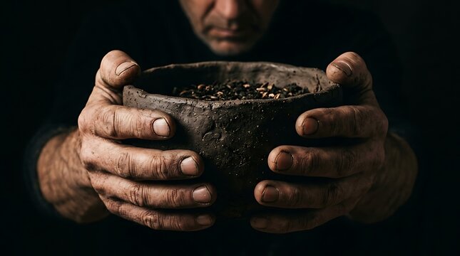Hardworking weathered hands holding a rustic handmade clay bowl