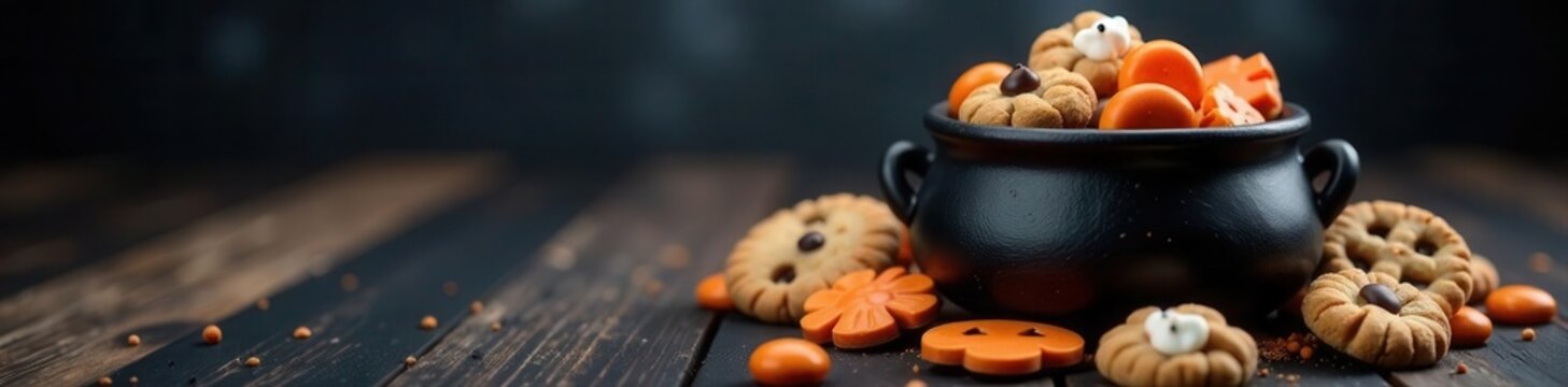 Assorted Halloween cookies and candies in a witch's cauldron, candy, still life, texture