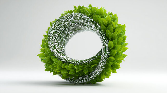 Green glowing technological ring with digital leaf elements for eco innovation