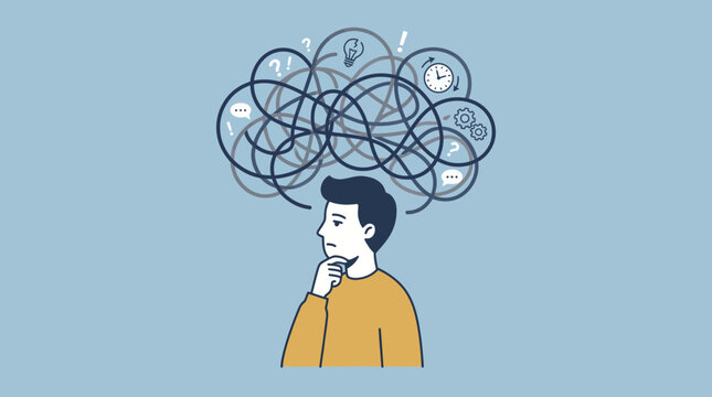 Man Grappling with Overwhelming Thoughts and Mental Confusion, Depicting Stress, Problem-Solving Challenges, and the Complexities of Human Cognition