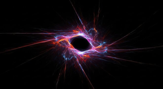 Abstract dark space representing an energetic void. A black hole effect neutralizing surrounding spiritual energy, dissolving light fields, illustration, graphic, unknown