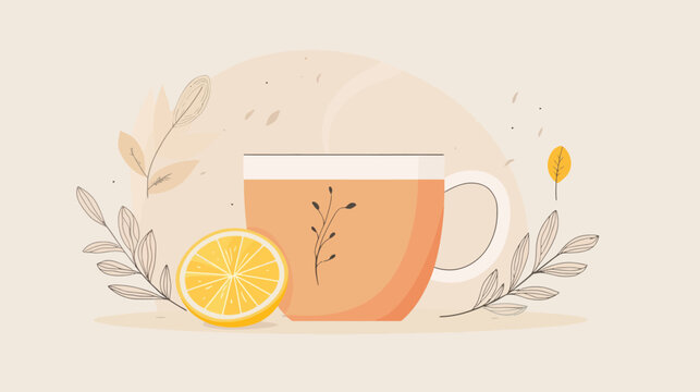Artistic illustration of a tea mug with lemon slices and plant elements
