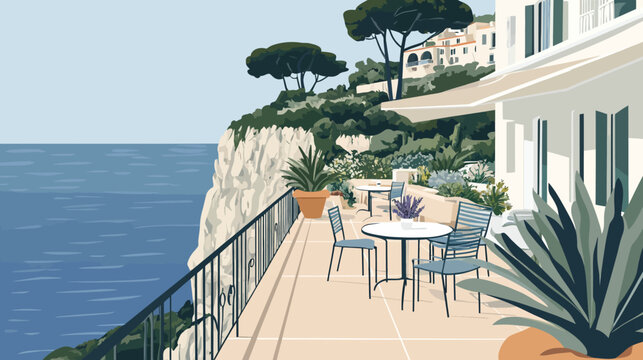 Coastal terrace with patio furniture overlooking rocky sea and lush hillside
