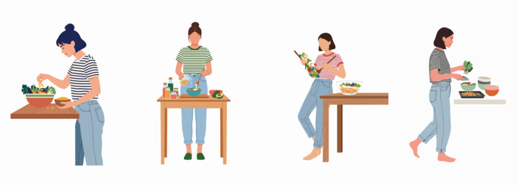 Flat illustration set of young women preparing healthy meals, tossing salads, and cooking in a kitchen, promoting a healthy lifestyle and wellness.