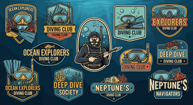 Vintage Diving Club Emblems and Scuba Diving Badges Collection