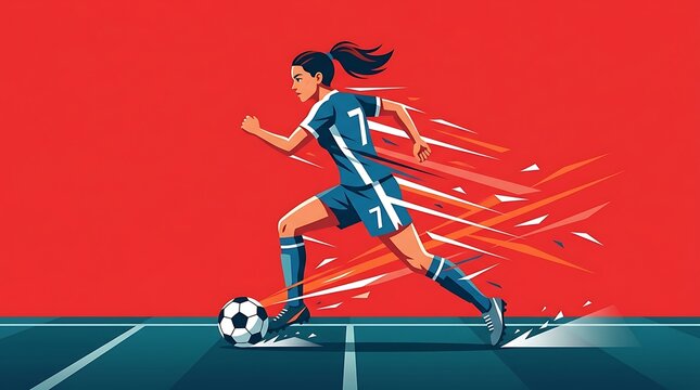 Female soccer player dribbling a ball with dynamic speed effects