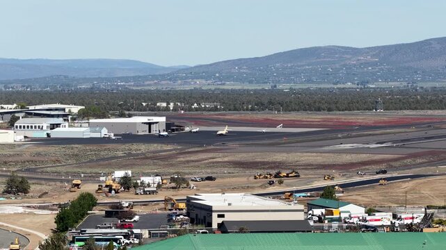 Aerial of Redmond Oregon airport and runway near Bend Oregon in spring