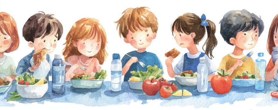 Back to school lunch children student classroom cafeteria healthy food watercolor illustration group meal