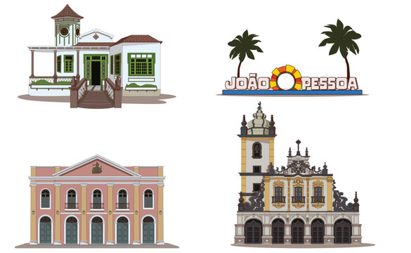 Vector set of famous landmarks in Jo&atilde;o Pessoa, Para&iacute;ba. This set includes a famous sign, an important cultural center, an art museum, and a theater.