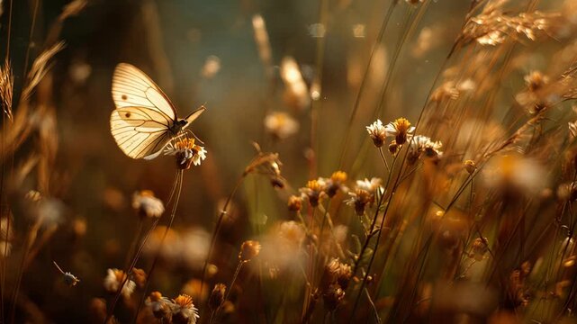Golden Hour Butterfly Flight Among Delicate Wildflowers.