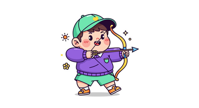 Cute Cartoon Archer Character Shooting Bow and Arrow.