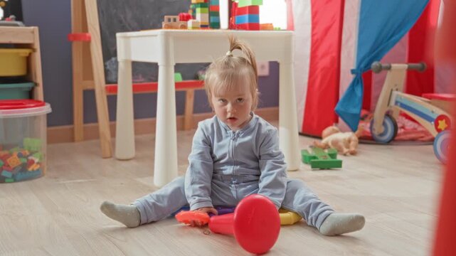 Girl toddler sitting on wooden floor playing with colorful plastic stacking rings and red base beside a white kids table in a playroom building; quiet curiosity.